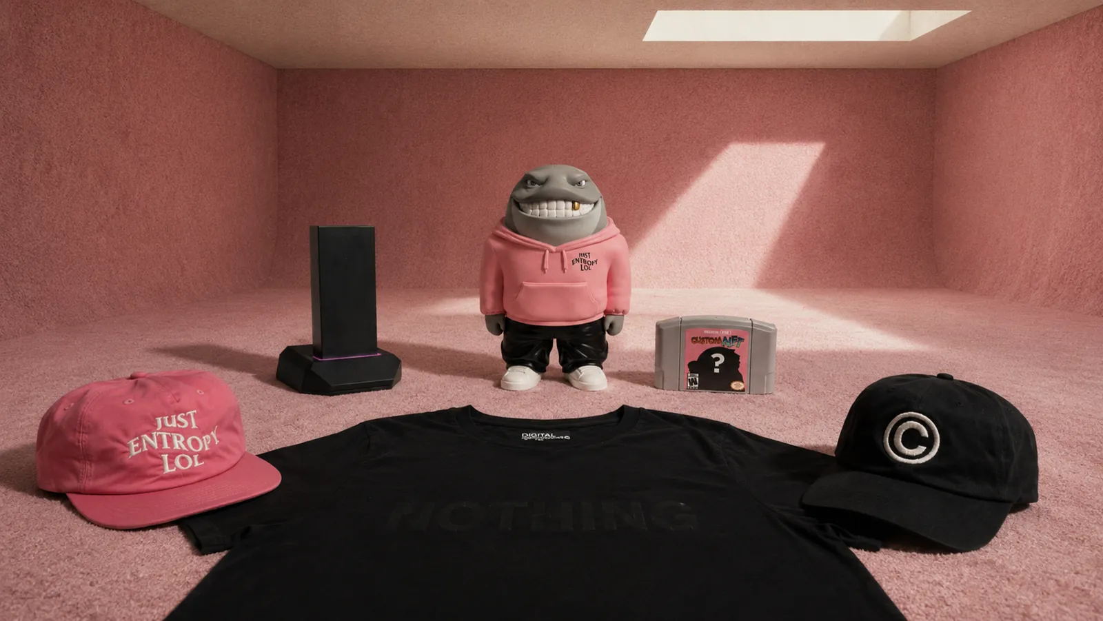 Entropy collab set: caps, tee and figurine in a pink room